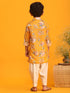 Boy's Yellow Floral Printed Kurta With Cream Solid Pyjama Set